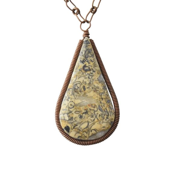 Handmade Teardrop Yellow Jasper Pendant Necklace With Antique Bronze Chain Jewel - Picture 3 of 9